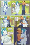 after_transformation anthro areola aroused big_breasts blue_areola blue_body blue_fur blue_hair blue_nipples blush bodily_fluids border breasts clothed clothing colored comic date decourem dialogue dress duo eeveelution english_text female flareon fur gender_transformation generation_1_pokemon generation_4_pokemon glaceon greeting hair happy hi_res holding_breast kissing lactating leaking_milk male mtf_transformation nintendo nipples orange_body orange_fur orange_hair park partially_clothed pokemon pokemon_(species) pregnant pregnant_anthro pregnant_female species_transformation text transformation white_border