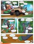 2016 adventure anthro blue_body blue_eyes blue_scales blue_teeth clothed clothing comic dialogue dinosaur english_text eyewear forest gidgit_(kabscorner) goggles green_body green_eyes green_scales group hi_res jeep jungle kabscorner kane_(kabscorner) kobold machete male melee_weapon patreon plant prehistoric_species reptile scales scalie speech_bubble teeth text tree vergence weapon yellow_eyes