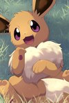 ambiguous_gender brown_body brown_fur chest_tuft dipstick_tail eevee feral fur generation_1_pokemon grass hi_res looking_at_viewer lying markings nintendo on_back outside pawpads paws plant pokemon pokemon_(species) rumine solo spread_legs spreading tail tail_markings tuft