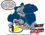 2007 anthro ape balls birthday_candle bodily_fluids cake cake_slice cum cum_on_cake cum_on_food dessert english_text food genital_fluids genitals glans gor_(tomcat) gorilla grey_penis haplorhine happy_birthday hi_res male mammal musclegut muscular muscular_anthro muscular_male nipples penis pink_balls pink_glans pink_nipples primate solo speech_bubble text tomcat_(artist)