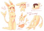 anthro anthrofied blonde_hair blouse bottomwear breasts butt clothed clothing dessert eeveelution english_text espeon feet food fur generation_2_pokemon genitals hair herm hi_res inosagi intersex naked_yoga nintendo nude paws penis pokemon pokemon_(species) pokemorph pudding pussy sackless skirt soles solo sunny_(inosagi) text toes topwear yellow_body yellow_fur yoga