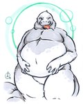 ambiguous_gender anthro belly belly_fondling big_belly blush claws fur gravewalker grey_body grey_fur hands_on_belly huge_belly mammal marine nude one_eye_closed open_mouth open_smile overweight overweight_ambiguous overweight_anthro pinniped seal smile solo standing teeth thick_thighs tongue tongue_out white_body white_fur wink