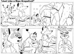 2002 aiden_harris anthro briefs butt butt_grab canid canine class closet_coon clothed clothing colin_young comic daydream dialogue digital_media_(artwork) duo_focus english_text fantasizing fox furgonomics group halo hand_on_butt heart_symbol leafdog male male/male mammal monochrome nude procyonid raccoon shoulder_devil sitting tail tail_clothing text topless underwear