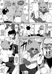 2020 animal_humanoid anthro belly bottomwear canid canid_humanoid canine canine_humanoid child clothing comic dialogue eating english_text eyes_closed food fox_humanoid hard_translated hi_res humanoid kaminosaki male mammal mammal_humanoid monochrome pants raccoon_dog right_to_left shirt sitting slightly_chubby tanuki text third-party_edit topwear translated translation_edit young young_anthro young_humanoid young_male