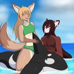 1:1 2024 ailurid alternate_hairstyle anthro beach bikini bikini_bottom bikini_top blonde_hair blush breasts brown_body brown_fur canid canine cetacean chest_tuft clothed clothing cloud digital_media_(artwork) dolphin duo female fennec_fox flyingtrace flynn_(flyingtrace) fox fur green_clothing green_swimwear hair hair_down hi_res inflatable inflatable_ride inflatable_toy light_body light_fur male mammal marine multicolored_body multicolored_fur oceanic_dolphin orca red_body red_fur red_panda shaded shirtless signature sky slim small_breasts swimwear tail tan_body tan_fur text toothed_whale true_fox tuft two-piece_swimsuit url water white_body yazz_(flyingtrace)