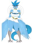 anthro armwear articuno avian beak big_breasts bird blue_body bottomwear breasts clothed clothing collar female fur generation_1_pokemon hi_res legendary_pokemon nintendo pokeball pokemon pokemon_(species) red_eyes simple_background skirt solo topwear ultra_ball urusee584 white_background white_body white_fur wings