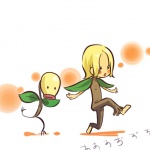 1:1 alternate_species barefoot beady_eyes bellsprout black_eyes blonde_hair brown_body clothing cosplay costume duo elemental_creature featureless_feet feet female flora_fauna generation_1_pokemon hair hitec human humanized light_body light_skin mammal mini_me multicolored_body nintendo not_furry on_one_leg plant plantigrade pokemon pokemon_(species) pokemon_costume short_hair simple_background spread_arms standing tan_body tan_ears tan_skin walking white_background yellow_body