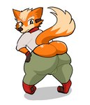 anthro bottomwear bottomwear_down bulge butt canid canine clothed clothing dipstick_tail footwear fox fox_mccloud fur gloves green_eyes hand_on_hip handwear looking_at_viewer looking_back looking_back_at_viewer male mammal markings nintendo orange_body orange_fur pants pants_down partially_clothed presenting presenting_hindquarters raised_tail rear_view shoes simple_background solo star_fox starrybuns tail tail_markings white_background