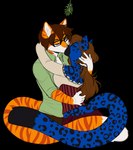 2021 alpha_channel anthro anthro_on_anthro black_eyewear black_glasses blue_body blue_fur breasts clothed clothing countershading digital_media_(artwork) domestic_cat duo eyes_closed eyewear felcat_(character) felid feline felis female fur glasses hi_res hug kiss_on_lips kissing kissing_bough kittydee leopard leopard_spots male male/female mammal mistletoe orange_body orange_fur pantherine plant raj_(felcat) simple_background spots striped_body striped_fur stripes transparent_background unsigned