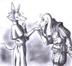 0laffson 2024 anthro anthro_on_anthro belt biped bottomwear canid canine canis clothed clothing domestic_dog duo fingers floppy_ears fur graphite_(artwork) hand_holding hand_lick hi_res licking long_ears looking_down_at_partner looking_up_at_partner machete_(kalpeakoira) male male/male mammal melee_weapon monochrome motion_lines notched_ear pants ruff_(clothing) scabbard shirt signature smile standing sword tail tail_motion tailwag tongue topwear traditional_media_(artwork) tunic vasco_(kalpeakoira) weapon