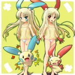 1:1 alternate_species animal_humanoid blonde_hair blue_clothing blue_eyes blue_panties blue_underwear bottomwear camisole clothing cosplay costume duo female feral frilly frilly_camisole frilly_clothing generation_3_pokemon hair humanoid humanoidized lagomorph long_hair low_res mammal minun nintendo panties pattern_bottomwear pattern_clothing pattern_panties pattern_underwear pink_clothing pink_panties pink_underwear plusle pokemon pokemon_(species) pokemon_costume pokemon_humanoid pokemorph ranphafranboise red_eyes striped_bottomwear striped_clothing striped_panties striped_underwear stripes underwear yellow_camisole