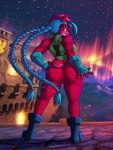 2022 3:4 anthro aurora_(phenomenon) beret black_boots black_clothing black_footwear blue_hair boots butt butt_pose cammy_white capcom celcia_(jvdragoon) clothing dracojeff felid female fingerless_gloves footwear fur gloves green_clothing green_eyes green_leotard hair hand_on_hip handwear hat headgear headwear leotard long_hair looking_back mammal night pose prehistoric_species purple_stripes red_body red_fur saber-toothed_tiger shoes solo standing street_fighter stripes