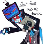 Rating: s
ID: 5001983
Date: 2024-08-22 05:14:31 -0400
Status: active
Score: 12
absurd_res clothed clothing demon demon_humanoid duo electronics english_text for_a_head gas_mask hat hazbin_hotel headgear headwear hi_res humanoid male mask not_furry object_head profanity screen screen_face screen_head sharp_teeth teeth television text tom_trench_(hazbin_hotel) tv_head usb veru_din vox_(hazbin_hotel) post #5001983