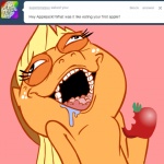 1:1 2_frame_animation animated apple applejack_(mlp) ask_jappleack blonde_hair bodily_fluids clothing cowboy_hat earth_pony eating english_text epilepsy_warning equid equine female feral food freckles friendship_is_magic fruit hair hasbro hat headgear headwear holding_food holding_object horse hotdiggedydemon long_hair mammal my_little_pony open_mouth plant pony ponytail saliva short_playtime solo text tumblr what_has_magic_done