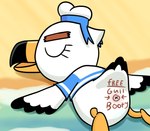 animal_crossing animal_genitalia anthro aussiecuno avian avian_butt beach beak bird black_markings body_writing cloaca clothing eyebrows eyelashes eyes_closed feathers genitals gull gulliver_(animal_crossing) hi_res lari larid male markings nintendo sailor_uniform sleeping solo tail tail_feathers uniform white_body white_feathers