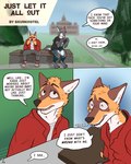 absurd_res anthro canid canine clothed clothing comic dialogue duo english_text first_page fish food hi_res koki_(skunkhotel) male male/male mammal maned_wolf marine open_mouth orientation_play outside pizza shark skunkhotel text