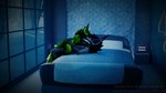 16:9 3d_(artwork) andromorph anthro bed belly big_belly blender_(artwork) blender_cycles canid canine canis comfy digital_media_(artwork) duo female fluffy fox fur furniture green_body green_fur hi_res hybrid intersex intersex/male kissing lance_barrowpaw lance_the_lich love loving_sex male male/female mammal on_bed rynfluff tail vulper widescreen winter wolf