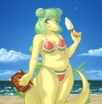 anthro beach bikini blue_eyes book cavemanon_studios clothed clothing colored_nails dinosaur female food goodbye_volcano_high green_hair hair hair_bun hi_res kaprakaz nails navel ornithischian popsicle prehistoric_species reptile scalie sky slightly_chubby snoot_game solo standing stegosaurian stegosaurus stella_(gvh_beta) swimwear thyreophoran two-piece_swimsuit yellow_body