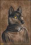 2023 anthro black_body black_fur black_nose black_sclera bust_portrait canid canine canis clothed clothing conditional_dnp digital_media_(artwork) digital_painting_(artwork) domestic_dog eyewear fur glasses hi_res hoodie husky looking_at_viewer male male_anthro mammal monochrome multicolored_body multicolored_fur neck_tuft nordic_sled_dog portrait ratte sepia signature smile solo spitz thehuskyk9 topwear tuft two_tone_body two_tone_fur white_body white_fur yellow_eyes