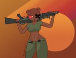 anthro bear brown_body clothing crop_top female gun hi_res mammal melancholyindex_(artist) military_uniform ranged_weapon shirt solo standing thong_straps topwear uniform weapon