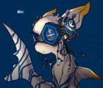 :< ambiguous_gender blue_background blue_markings closed_frown cyberpunk dorsal_fin e621 eyewear fin fish frown goggles marine markings mascot mascot_contest mellis mouth_closed plug reflection screw shark shark_tail simple_background solo tail