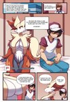 anthro big_breasts black_hair breast_curtains breasts brown_hair canid clothing comic delphox detailed_background dialogue english_text eyelashes female fur generation_6_pokemon group hair hat headgear headwear human inner_ear_fluff inside looking_at_breasts lucyfercomic male mammal nintendo pokemon pokemon_(species) red_body red_eyes red_fur serious_face text tuft