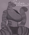 absurd_res anthro big_breasts breasts camel_toe cleavage clothed clothing dialogue english_text felid female fur genital_outline greyscale hi_res huge_breasts mammal monochrome pantherine pussy_outline sharp_teeth sijimmy456 spread_legs spreading striped_body striped_fur stripes talking_to_viewer teeth text tiger translucent translucent_clothing workout_(sijimmy456)