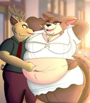 anthro antlers beastars belly big_belly big_breasts blush breasts brown_body brown_fur canid canine canis cervine classroom clothed clothing deer duo female fur hi_res horn inside itzimiau juno_(beastars) louis_(beastars) male male/female mammal navel obese open_mouth overweight overweight_anthro overweight_female poking red_deer school simple_background smile tail thick_thighs wolf