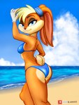 absurd_res anthro bikini blonde_hair blue_eyes breasts butt butt_pose clothed clothing female fur hair hi_res lagomorph leporid link6432 lola_bunny looking_at_viewer looney_tunes mammal orange_body orange_fur pose rabbit scut_tail short_tail smile solo swimwear tail teeth thick_thighs two-piece_swimsuit warner_brothers