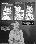 2016 anthro belly big_belly blush breasts clothed clothing comic dragon english_text felid female grey_background hi_res if_hell_had_a_taste male mammal marci_hetson monochrome mythological_creature mythological_scalie mythology scalie scar simple_background skylar_fidchell slightly_chubby text viroveteruscy