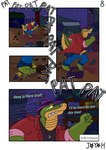 2023 absurd_res alligator alligatorid anthro bodily_fluids bottomwear brok_(brok_the_investigator) brok_the_investigator clothing comic cowcat_games crocodilian crying dialogue english_text green_body group hi_res humanoid_hands outside pants reptile running scalie shirt solo tears text topwear yames_the_hopeful