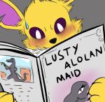 2016 absurd_res anthro anthrofied bald blush bodily_fluids canid canine chaifennec claws close-up eeveelution english_text female fur generation_1_pokemon generation_7_pokemon hi_res humor jolteon lizard long_ears looking_at_viewer looking_down magazine male mammal melee_weapon microsoft nintendo notched_ear nude open_mouth pokemon pokemon_(species) pokemorph polearm reading reptile salazzle scalie smile solo spear standing sweat text the_elder_scrolls the_lusty_argonian_maid weapon