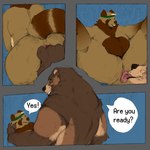 1:1 anal anthro anus anus_lick balls bear big_balls breastwizard brown_bear butt_lick canid canine comic dialogue duo genitals grizzly_bear hair hi_res kuruk_(character) legs_up licking lying male male/male mammal mane mane_hair on_back oral raccoon_dog raised_leg raised_leg_grab rimming rimming_male sex size_difference tanuki third-party_edit tongue tongue_out ursine