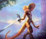 2022 agamid anthro digitigrade frill_(anatomy) frilled_lizard front_view hi_res holding_object holding_weapon jean_de_la_muyre klongi lizard looking_at_viewer male melee_weapon membrane_(anatomy) membranous_frill nude nude_male orange_body orange_scales portrait rapier reptile scales scalie simple_background smile solo standing sword tasteful_nudity three-quarter_portrait warrior weapon yellow_body yellow_scales