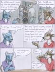 anthro antlers avian bat bird blue_(ruaidri) blue_body blue_feathers blue_fur bottomwear brown_body brown_fur canid canine canis clothed clothing comic confession deer dialogue duo_focus english_text eyes_closed feathers flashback fully_clothed fur group hand_behind_head hi_res horn locker male mammal open_mouth open_smile painting_(artwork) purple_clothing purple_shirt purple_topwear red_clothing red_shirt red_topwear reveal ruaidri shirt skirt smile speech_bubble standing stated_homosexuality stated_sexuality text topwear traditional_media_(artwork) virgin watercolor_(artwork) white_body white_fur wolf