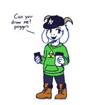 2020 anthro asriel_dreemurr baseball_cap black_bottomwear black_clothing black_eyes black_pants boots boss_monster_(undertale) bottomwear bovid bovid_horn brown_boots brown_clothing brown_footwear caprine caprine_horn cellphone clothed clothing coffee_cup container crackers cup curved_horn dialogue electronics english_text floppy_ears footwear fully_clothed fur green_clothing green_hoodie green_topwear hat headgear headwear holding_cellphone holding_container holding_cup holding_object holding_phone hoodie horn lol_comments looking_at_viewer male mammal meme mlb new_era new_york_yankees nintendo open_mouth open_smile pants phone pogchamp ram_horn shoes simple_background smartphone smile solo standing starbucks talking_to_viewer text text_on_clothing text_on_hat text_on_headwear the_legend_of_zelda timberland topwear triforce undertale undertale_(series) white_background white_body white_fur young