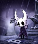 2019 2_horns ambiguous_gender arthropod bench black_eyes black_legs cloak clothing digital_media_(artwork) hollow_knight horn looking_at_self melee_weapon nail_(weapon) outside rain_drops raining reflection sculpture sol-lar-bink solo standing statue street_lamp sword team_cherry the_knight_(hollow_knight) vessel vessel_(species) weapon weapon_on_back white_head