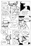 alcelaphine antelope anthro bovid clothing comic cowboy_hat dialogue english_text female gnu group hat headgear headwear hi_res jamil_gonzalez jasper_gold_(character) lagomorph leporid male mammal money monochrome murid murine poncho rabbit rodent text the_tale_of_jasper_gold trio western wheat wheat_in_mouth wild_west