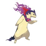 1:1 2022 5_fingers absurd_res ambiguous_gender elemental_manipulation feral fingers fire fire_manipulation flaming_hair flaming_mane fur generation_8_pokemon half-closed_eyes hi_res hisuian_form hisuian_typhlosion narrowed_eyes nintendo official_art pokemon pokemon_(species) pokemon_legends_arceus pseudo_hair pseudo_mane purple_body purple_fur reaching_out red_eyes regional_form_(pokemon) simple_background solo standing tan_body tan_fur thick_thighs unknown_artist white_background