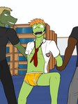 2018 alligator alligatorid amphibian anthro ball_gag ballgagged blaise_(fuze) book bookshelf briefs bulge clothing crocodilian detailed_bulge erection_under_briefs forced frog furniture fuze gag gagged genital_outline group hi_res male male/male necktie penis_outline reptile scalie shirt topwear trio unbuttoned_shirt underwear yellow_briefs yellow_clothing yellow_underwear