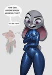 2023 4_fingers anthro bodysuit breasts buckteeth camel_toe canid canine clothed clothing dialogue disney duo english_text eyebrows female fingers fox fur glistening glistening_clothing grey_background grey_body grey_fur hi_res judy_hopps lagomorph latex latex_clothing latex_skinsuit leporid long_ears looking_down male mammal multicolored_body multicolored_fur nick_wilde open_mouth portrait purple_eyes qupostuv35 rabbit red_fox rubber_clothing scut_tail short_tail simple_background skinsuit speech_bubble standing tail teeth text thick_thighs three-quarter_portrait tight_clothing true_fox white_body white_fur wide_hips zootopia