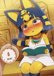 2023 animal_crossing ankha_(animal_crossing) anthro bangs blue_ears blue_hair blush blush_lines bob_cut bodily_fluids book clock clothed clothing dagasi delayed_reaction digital_media_(artwork) dress drooling duo english_text felid feline female fur genital_fluids hair hi_res human kemono legwear male male/female mammal markings nintendo orgasm_delay overstimulation ring_(marking) ringed_tail saliva solo_focus stopwatch striped_markings striped_tail stripes tail tail_markings tears text time_stop uraeus vaginal_fluids villager_(animal_crossing) watch yellow_body yellow_fur yellow_inner_ear