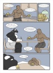 anthro bear biceps breakfast brown_body brown_fur cetacean chair clothed clothing comic dialogue digital_media_(artwork) dolphin duo eating eating_food english_text food fur furniture inside kitchen male mammal marine multicolored_body muscular muscular_anthro muscular_male oceanic_dolphin orca pecs quads sitting stupidgit table text toothed_whale underwear underwear_only