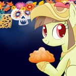 1:1 archooves bread day_of_the_dead equid equine fan_character female flower food hasbro holidays horse mammal mexico my_little_pony orange_flower pan_de_muerto pink_flower plant pony smile solo tailcoatl yellow_flower