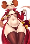 2024 anthro bikini bikini_bottom bikini_thong bikini_top blush breasts camel_toe cloak clothed clothing cocicka conditional_dnp female fur hi_res looking_at_viewer mammal mina_(mina_the_hollower) mina_the_hollower morgenstern mouse murid murine notched_ear rat red_eyes rodent smile solo swimwear tail topwear two-piece_swimsuit yacht_club_games