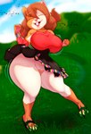 absurd_res anthro armwear big_breasts bottomwear breasts brown_hair caviid clothed clothing dancing eyes_closed female genitals guinea_pig hair hi_res kussi_(ruddyrzaq) mammal n-kosi no_underwear outside peru pussy rodent shirt skirt solo thick_thighs topwear wide_hips