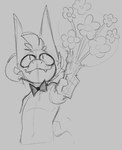 2024 4_horns anthro bouquet bow_tie digital_media_(artwork) fangs flower flower_bouquet front_view fur furred_kobold furred_scalie giving_flower grey_background guide_lines hair happy holding_flower holding_object holidays horn kobold male monochrome multi_horn plant scalie sharp_teeth simple_background sketch smile solo standing sushi_(sushiamazing) sushiamazing tail teeth valentine's_day