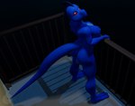 2021 3_toes 3d_(artwork) anthro balcony big_breasts blender_(artwork) blue_body blue_scales blue_skin breasts butt deck_(structure) digital_media_(artwork) featureless_breasts feet female first_person_view hand_on_railing herm_(lore) high-angle_view intersex_(lore) june_(justathereptile) justathereptile komodo_dragon lizard looking_at_viewer monitor_lizard night non-mammal_breasts nude outdoor_nudity outside railing red_eyes reptile scales scalie scutes solo tail toes wall_(structure) watermark