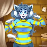 1:1 anthro breasts clothed clothing covering covering_mouth detailed_background female hair hi_res looking_at_viewer mammal shirt solo standing tem temmie_(undertale) topwear undertale undertale_(series) white_body yumkandie