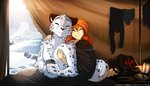 2021 7:4 adobe_photoshop_(artwork) anthro arm_tuft backpack bed beverage brin_(twokinds) candle character_request cheek_tuft chest_tuft clothed clothing colored conditional_dnp cuddling digital_media_(artwork) duo elbow_tuft eyes_closed facial_tuft felid female female_explorer fur furniture grey_body grey_fur hair hi_res holding_beverage holding_object honeymoon hot_drink hug hugging_another hugging_from_behind human human_on_anthro hung_clothing interspecies keidran lamp male male/female mammal markings multicolored_body multicolored_fur on_bed pantherine pennant red_hair romantic romantic_couple smile snow snow_leopard spots spotted_body spotted_fur spotted_markings tent text tom_fischbach topless topless_male tuft twokinds under_covers url white_body white_fur winter